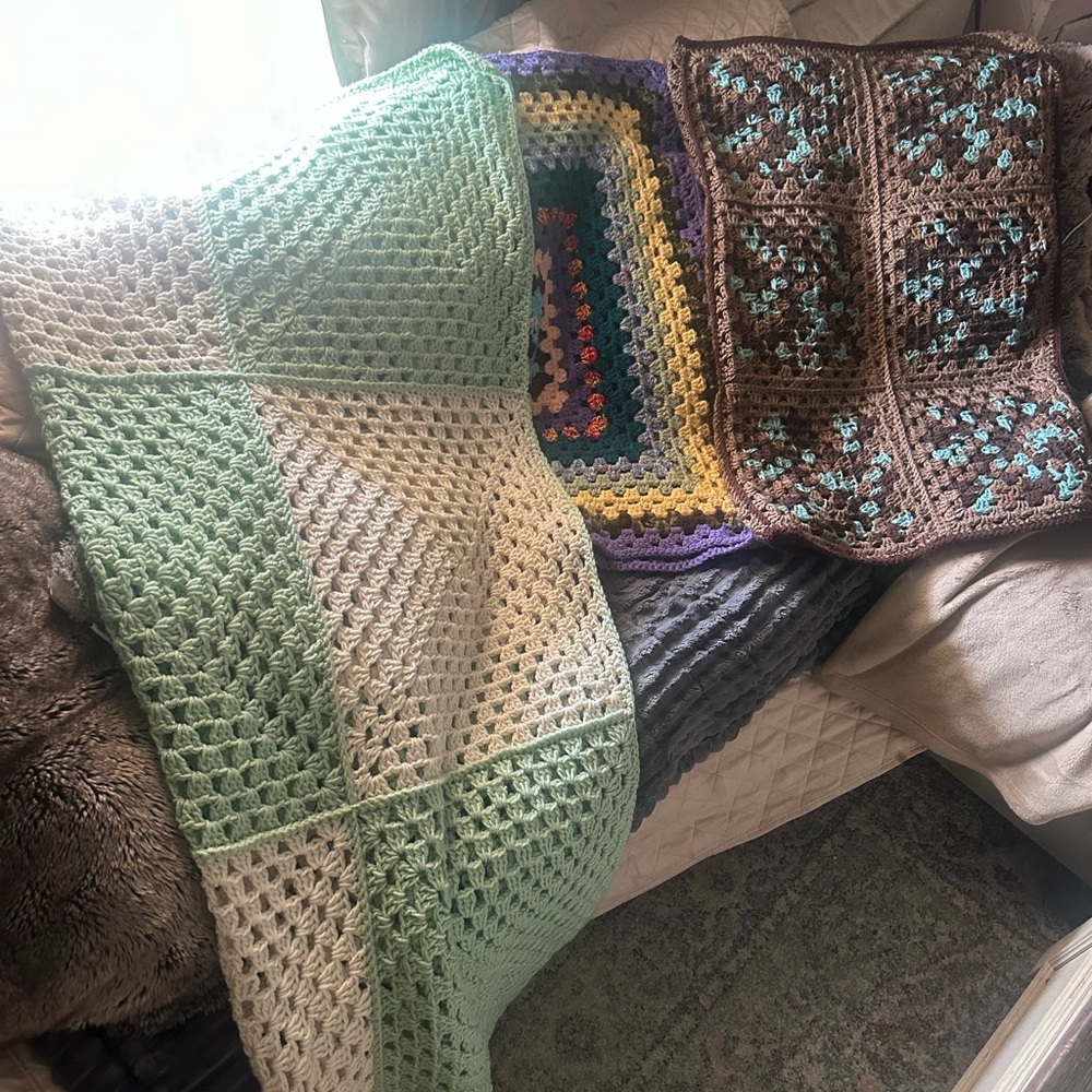 3 granny blankets Handmade Crochet Grandma afghan squares throw warm vtg baby
